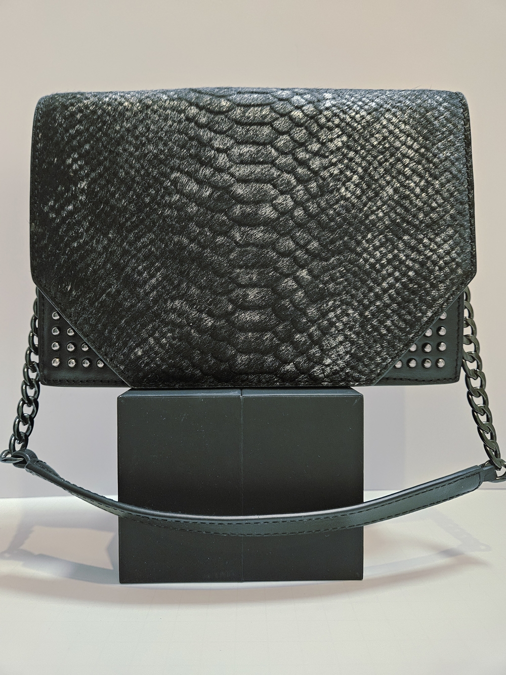 NWOT Linea Pelle Black 100% Leather & Calf Hair Shoulder Bag Snake Embossed - Picture 3 of 16
